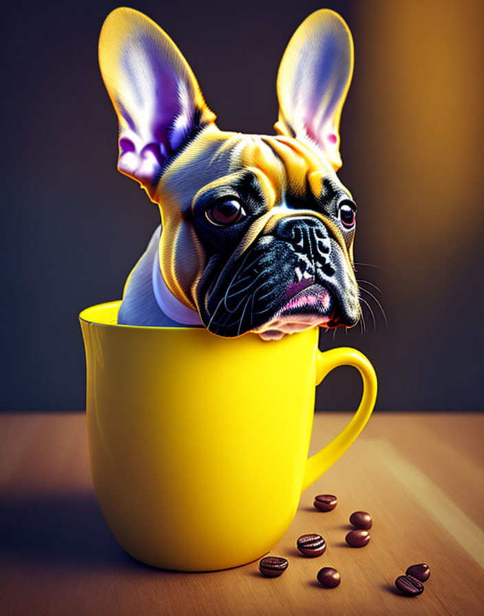 Digitally altered French Bulldog head with oversized colorful ears in yellow coffee cup.