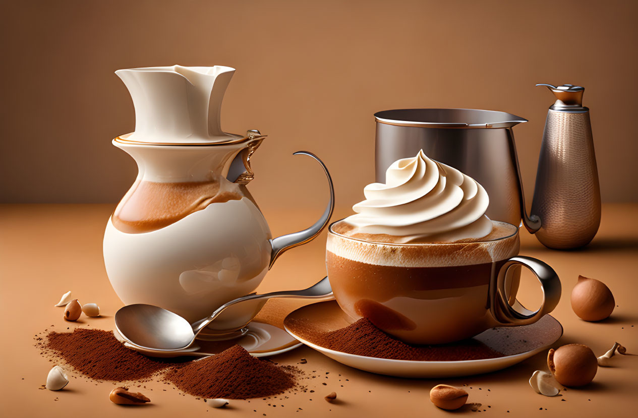 Creamy coffee cup, silver spoon, milk pitcher on brown backdrop with beans.