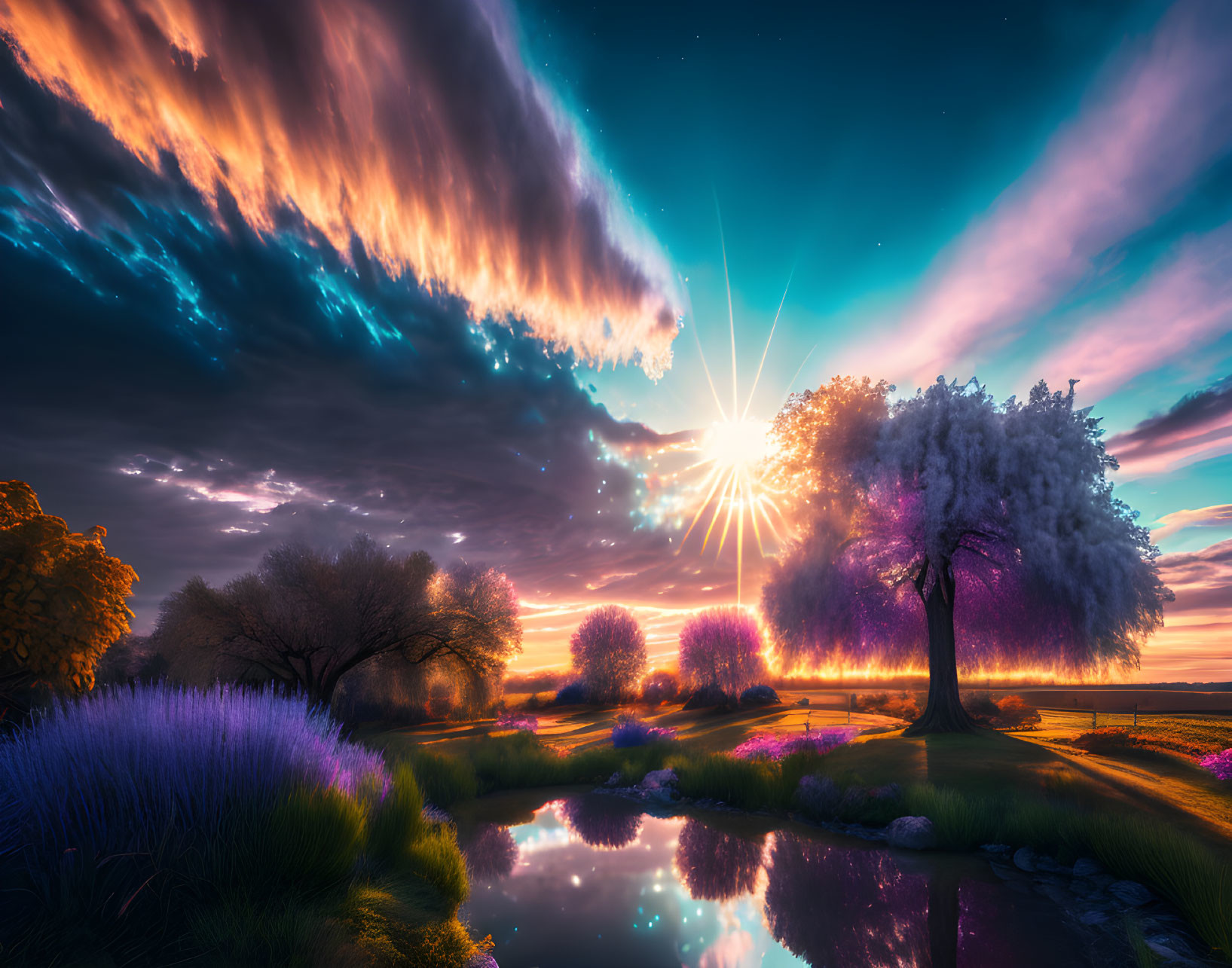 Colorful sunset landscape with blooming tree, purple flowers, reflective pond, and dramatic clouds