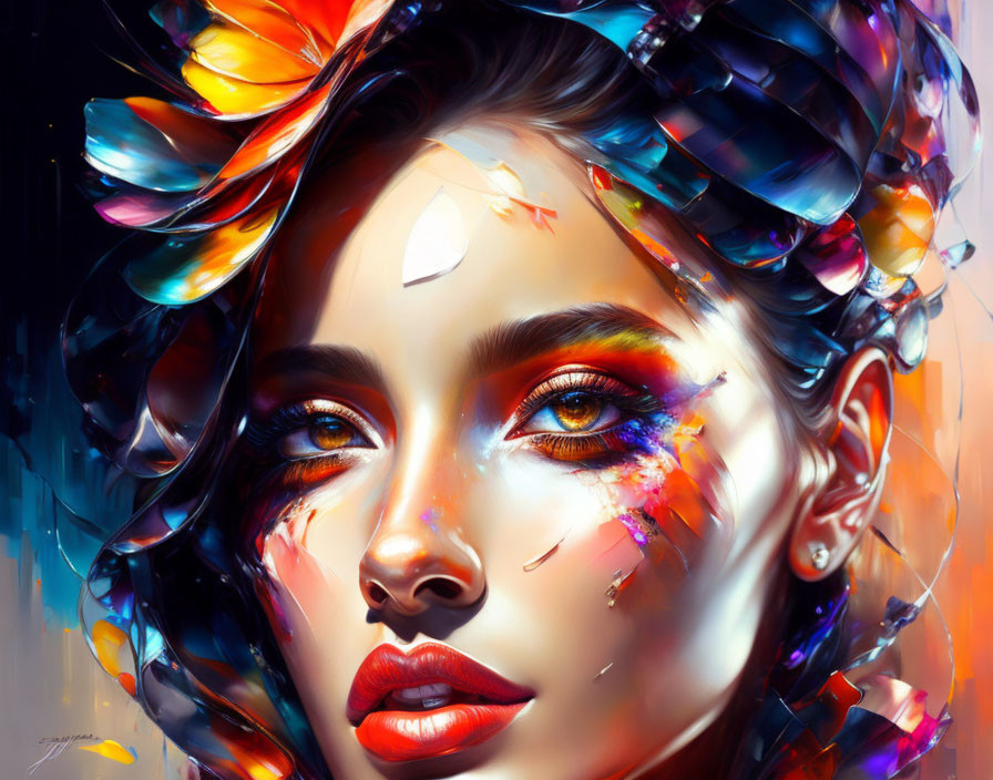 Colorful digital portrait of a woman with butterfly-like strokes in hair and face