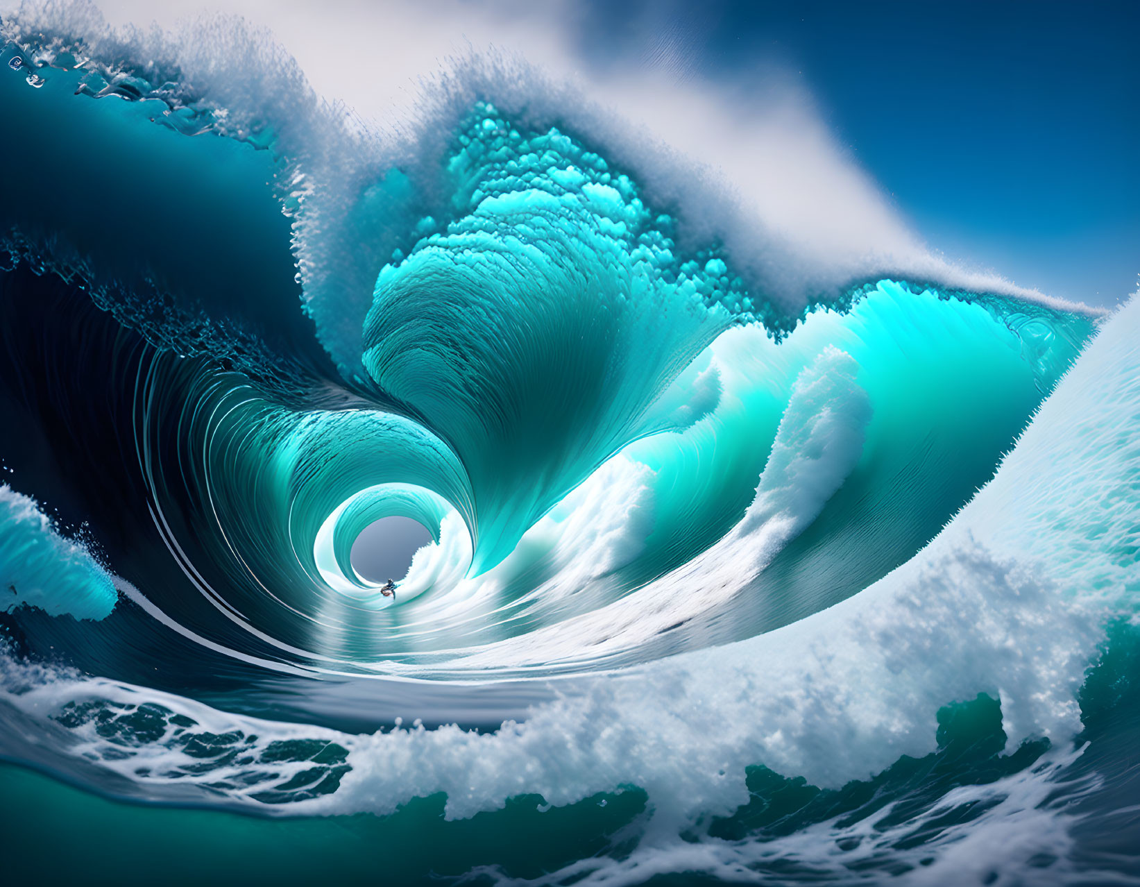 Turquoise Wave Curling into Perfect Barrel Against Blue Sky