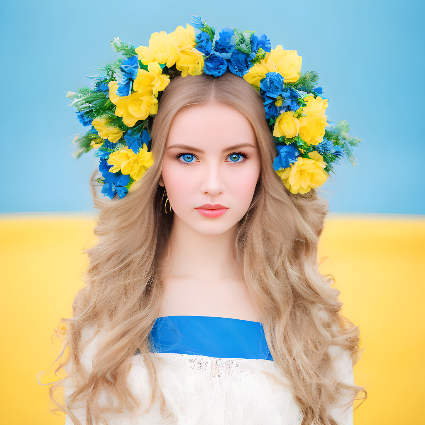 Woman with Long Wavy Hair in Vibrant Floral Wreath on Yellow and Blue Background