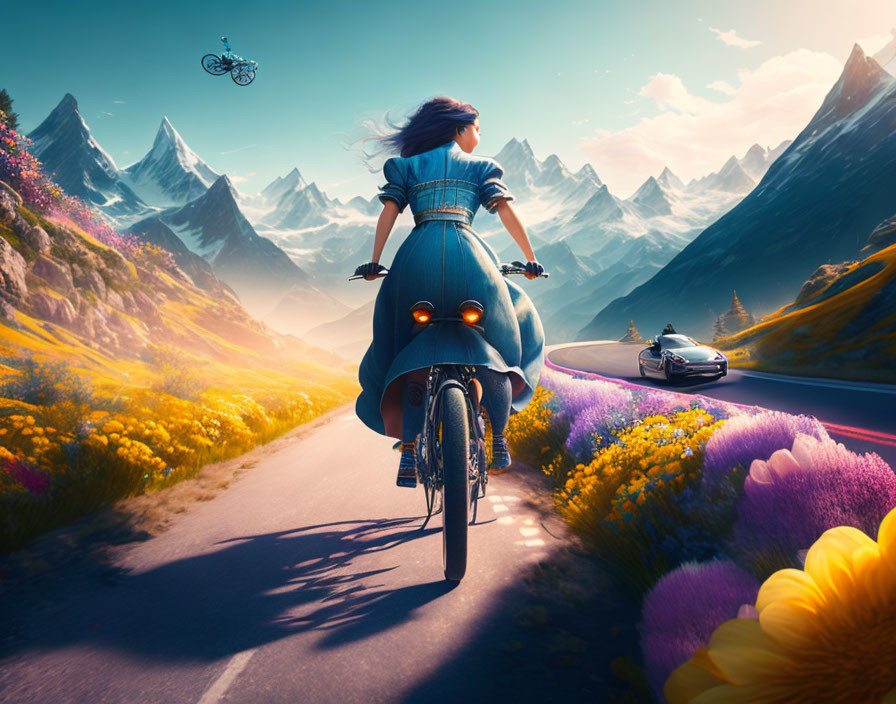 Woman riding motorcycle on scenic mountain road with flowers, cyclist jumping, car following.