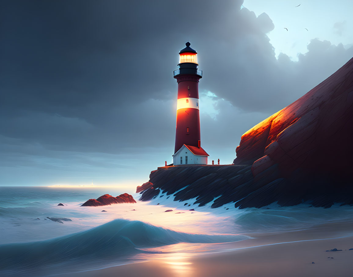 Red and White Lighthouse on Rocky Shore with Bright Beacon