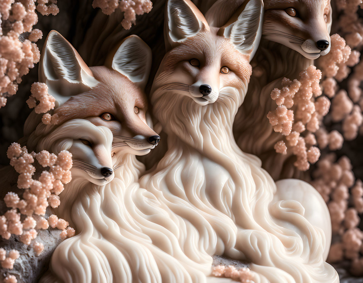 Stylized artistic foxes with fluffy white fur and expressive faces amid pink flowers.