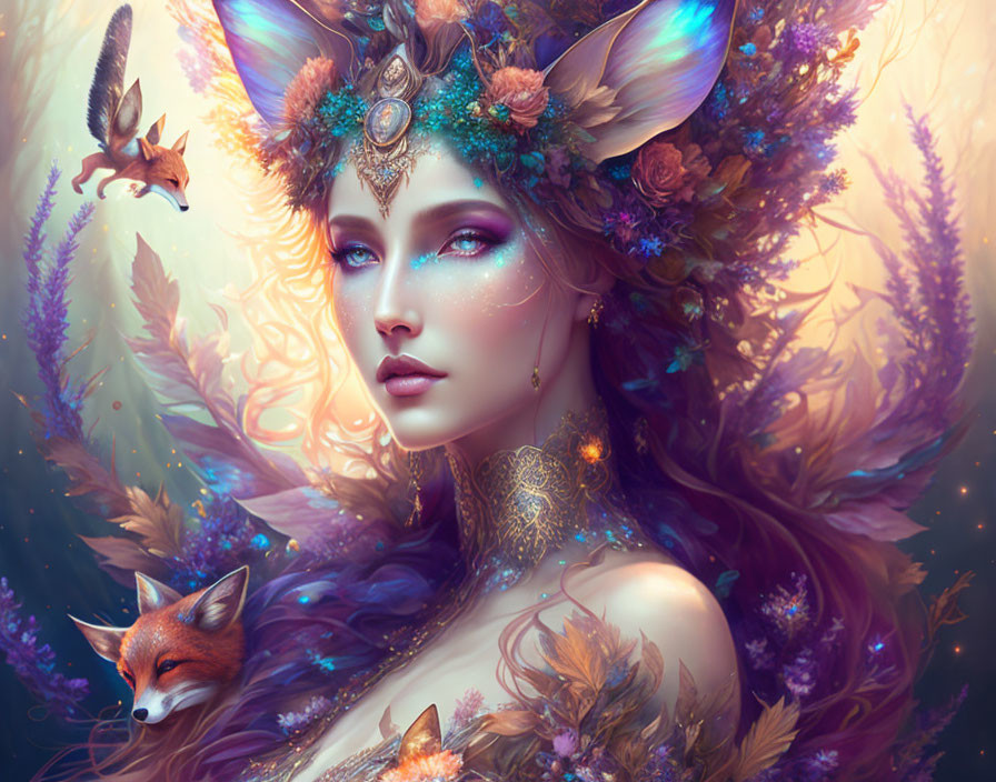 Elf woman with floral headpiece and fox companions in a purple forest.