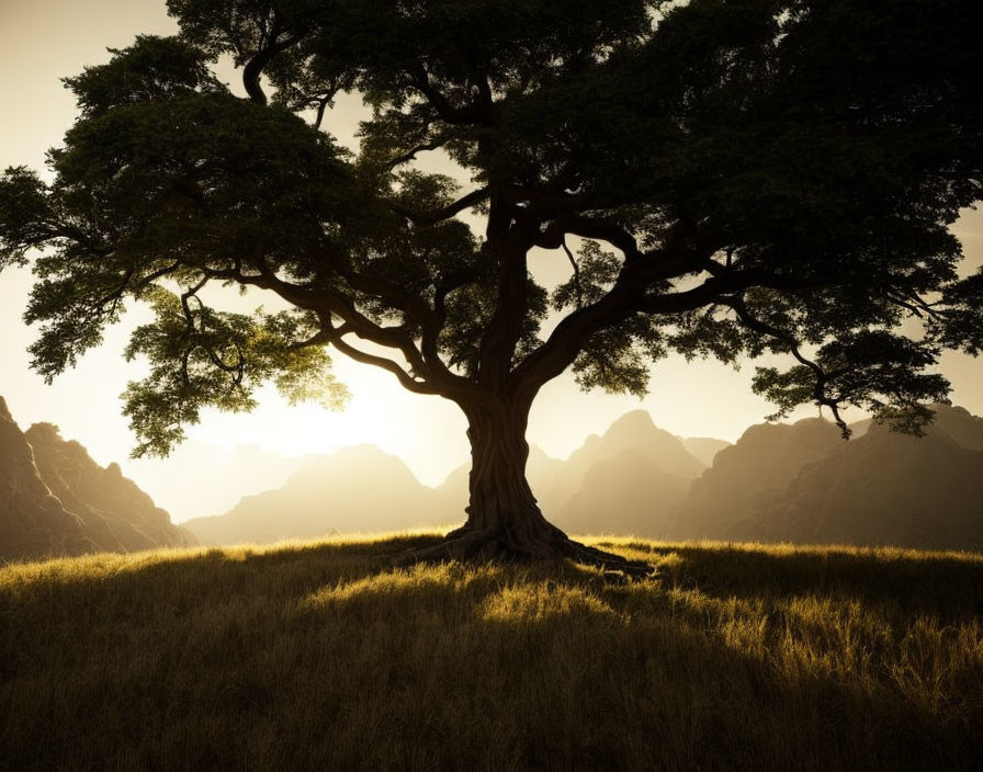 Solitary tree silhouette at sunrise with thick trunk and spreading branches