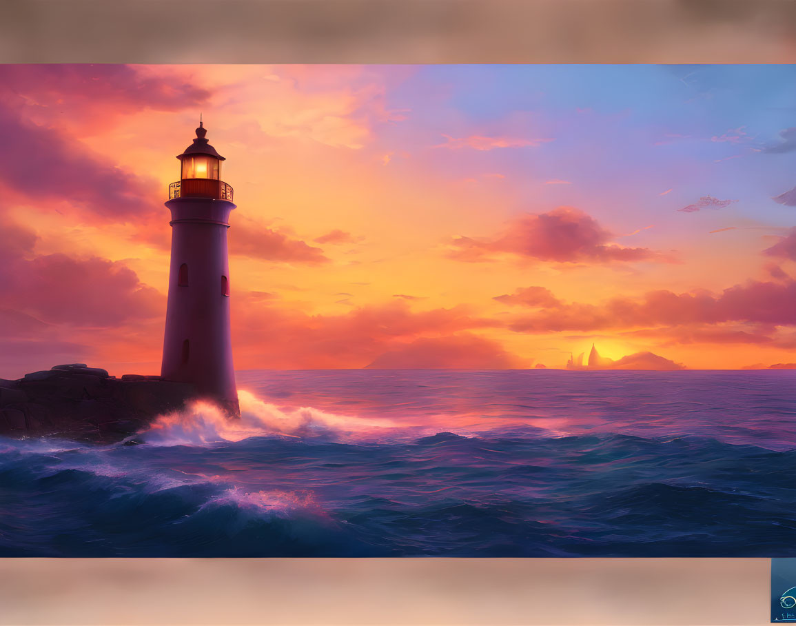 Lighthouse at sunset with fiery sky, crashing waves, and distant cliffs