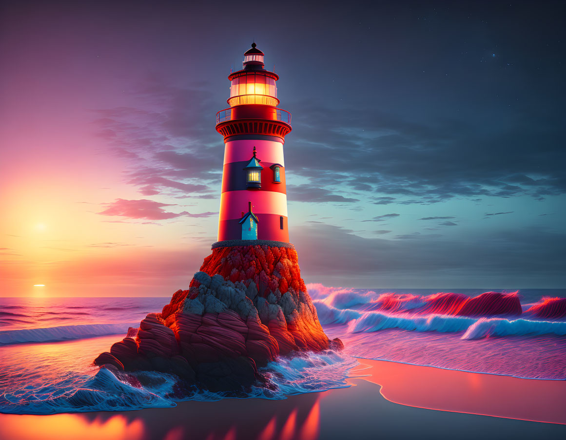 Lighthouse on rocky outcrop with glowing beacon at twilight