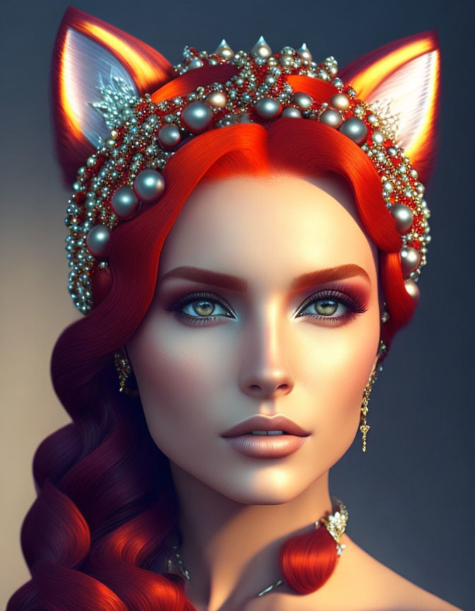 Digital artwork featuring woman with red hair, fox ears, pearl crown, blue eyes, makeup, and