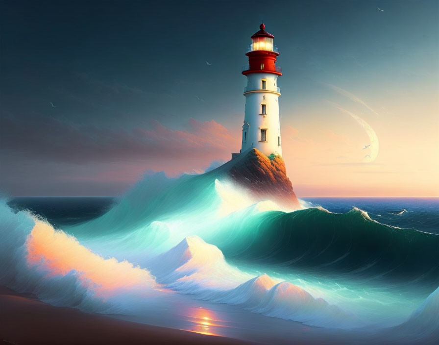 Digital artwork: Towering lighthouse on cliff with crashing waves, dusk setting, crescent moon,