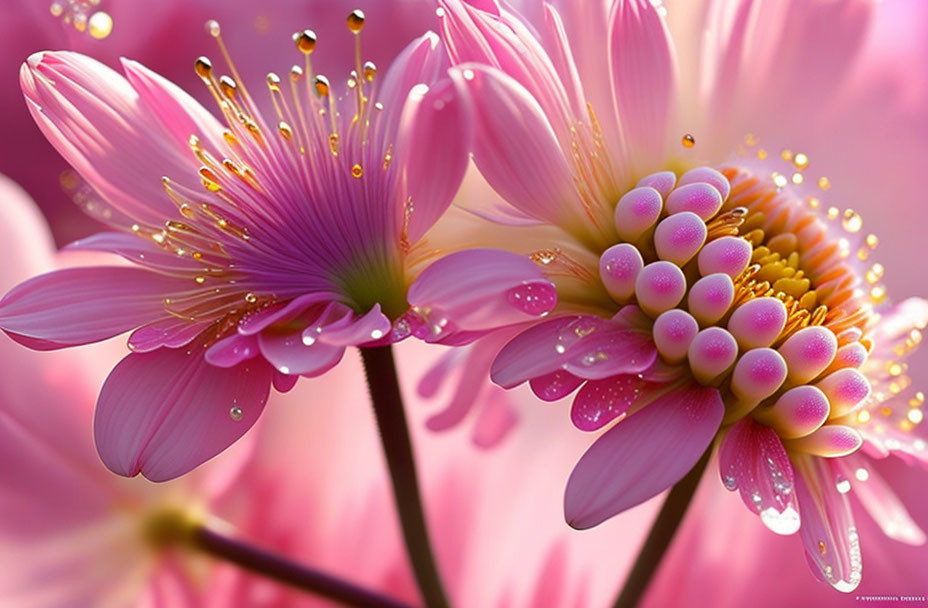 Pink blossoms with dewdrops and pollen in soft-focus background