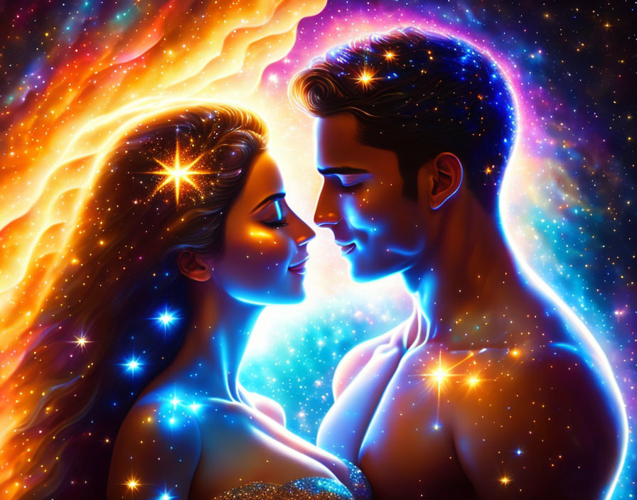 Illustration of man and woman close with cosmic background