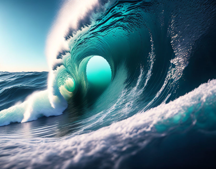 Teal Wave Curling into Barrel with Mist in Serene Ocean