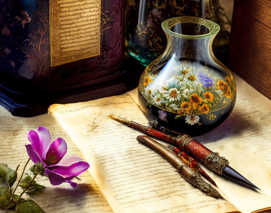 Vintage desk setup with inkwell, quill, parchment, vase, and books