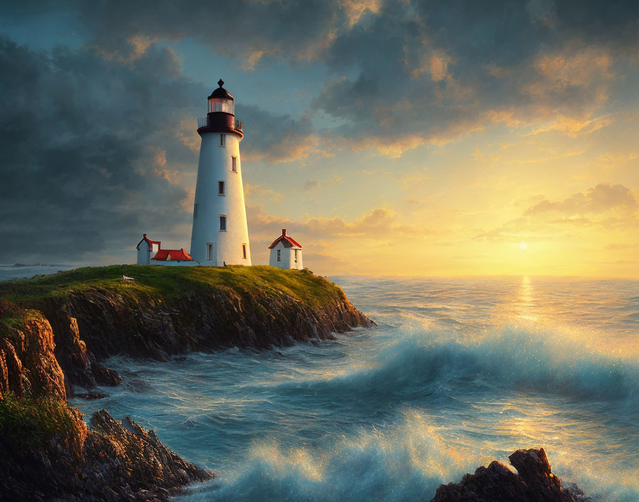 Majestic lighthouse on rugged cliff under dramatic sunset sky