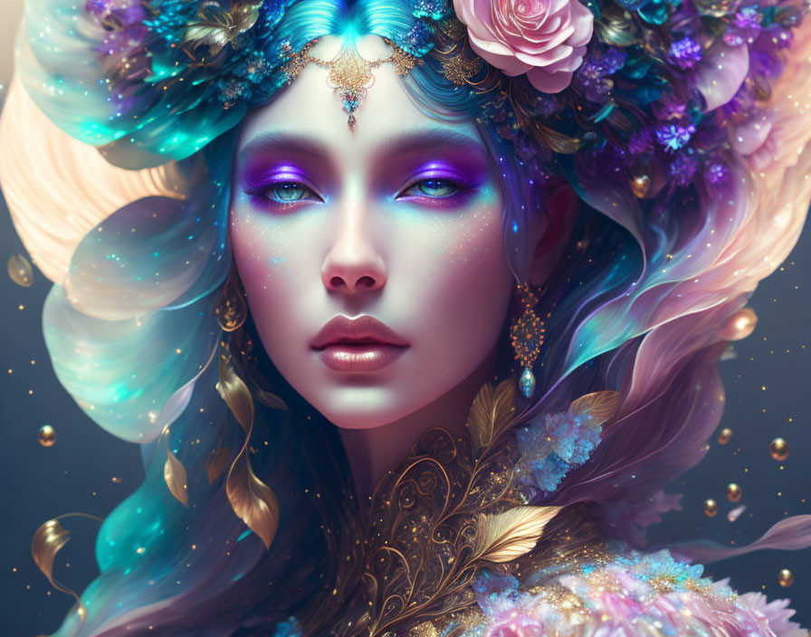 Colorful Digital Portrait of Mystical Woman with Floral Headdress