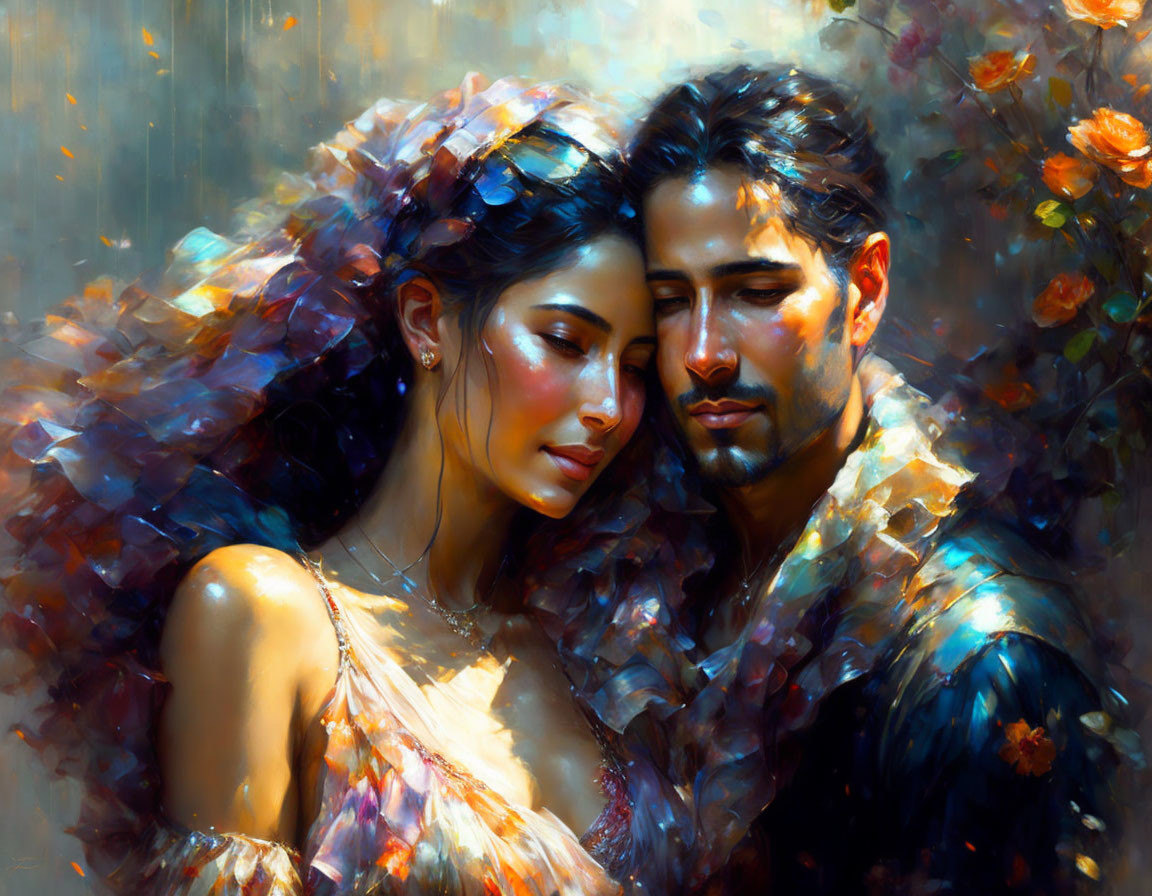 Vibrant couple embraced in dream-like floral scene