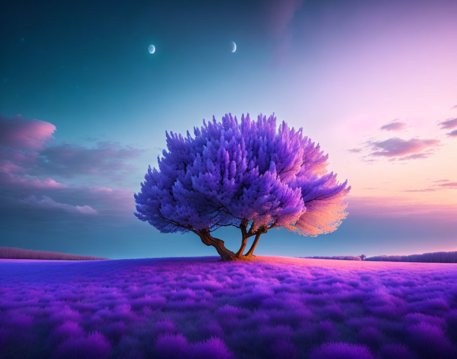 Solitary Purple Tree in Lavender Field Twilight Scene