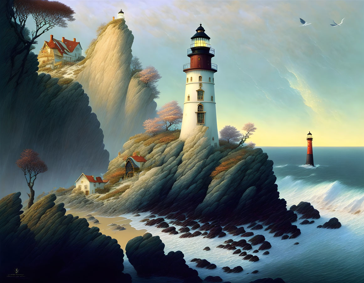 Coastal scene with lighthouse, house, blooming trees, red buoy, and dramatic sky