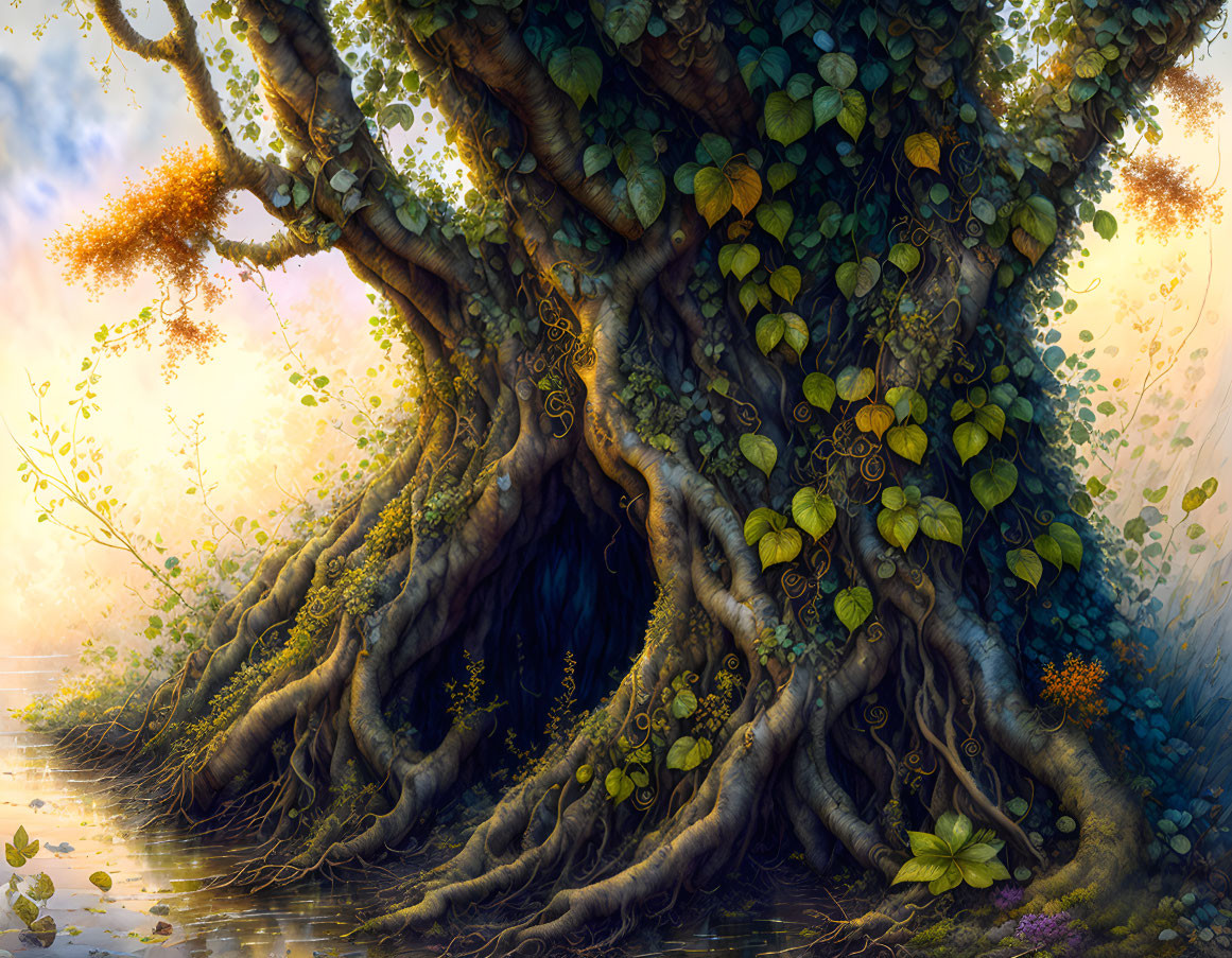 Ancient tree illustration with sprawling roots and lush leaves