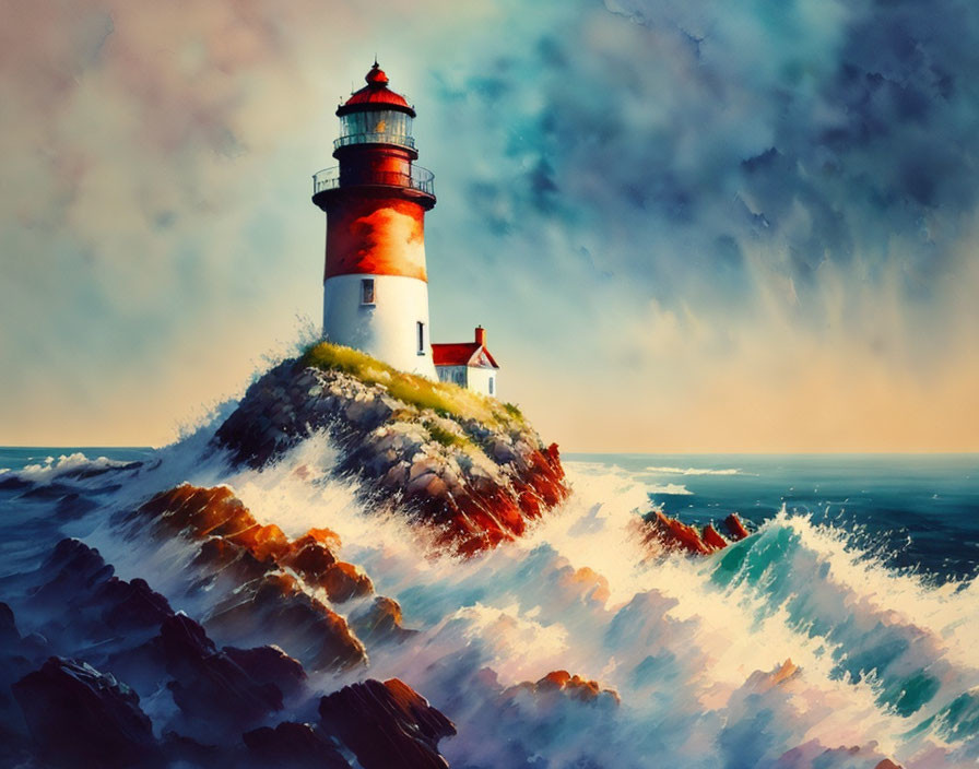 Stormy Sky Red and White Lighthouse Painting with Crashing Waves