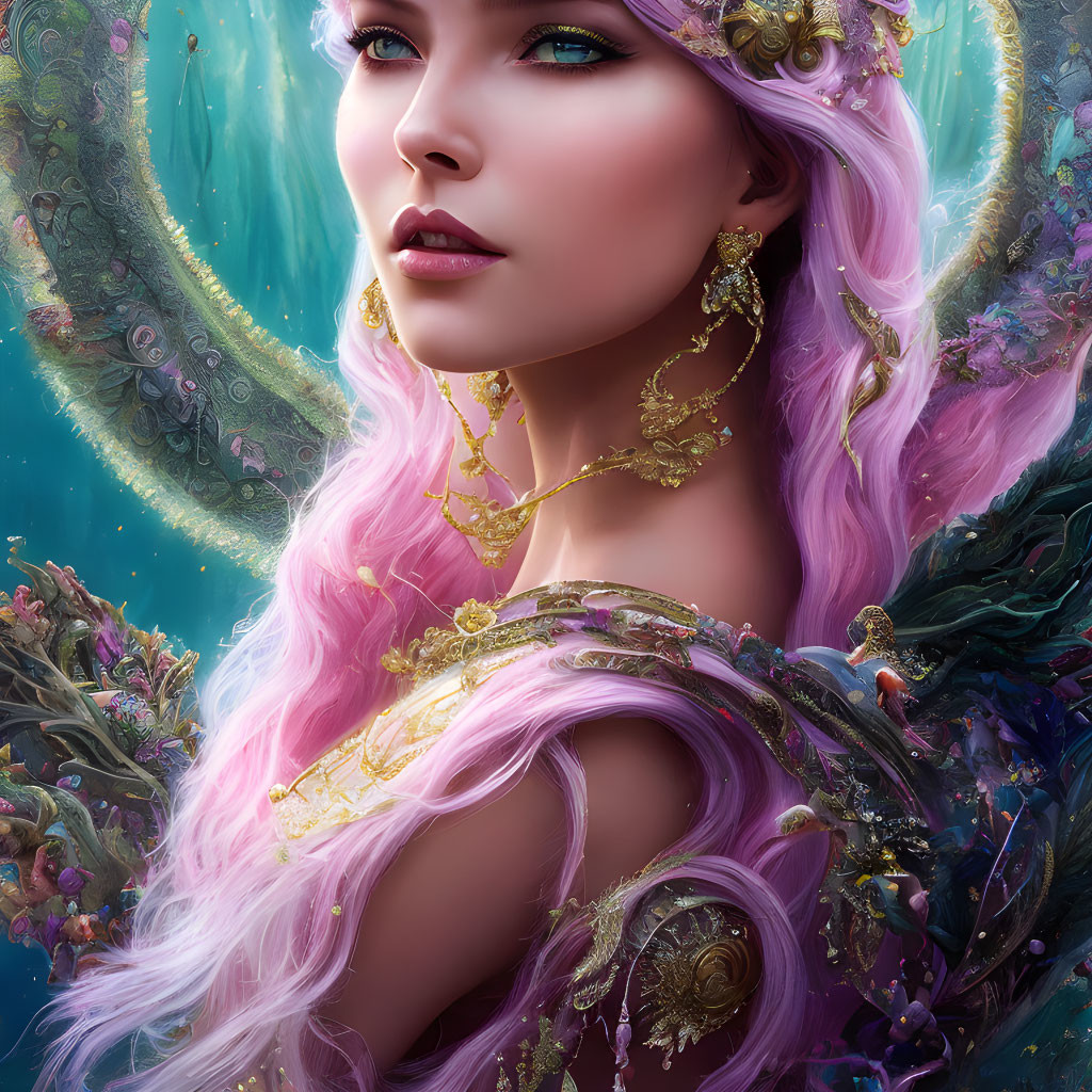 Fantasy digital art: Pink-haired female character with blue eyes, adorned in golden jewelry, surrounded by