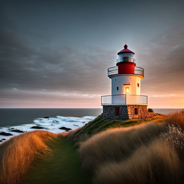 Coastal cliff sunset scene with lighthouse, crashing waves, and tall grass