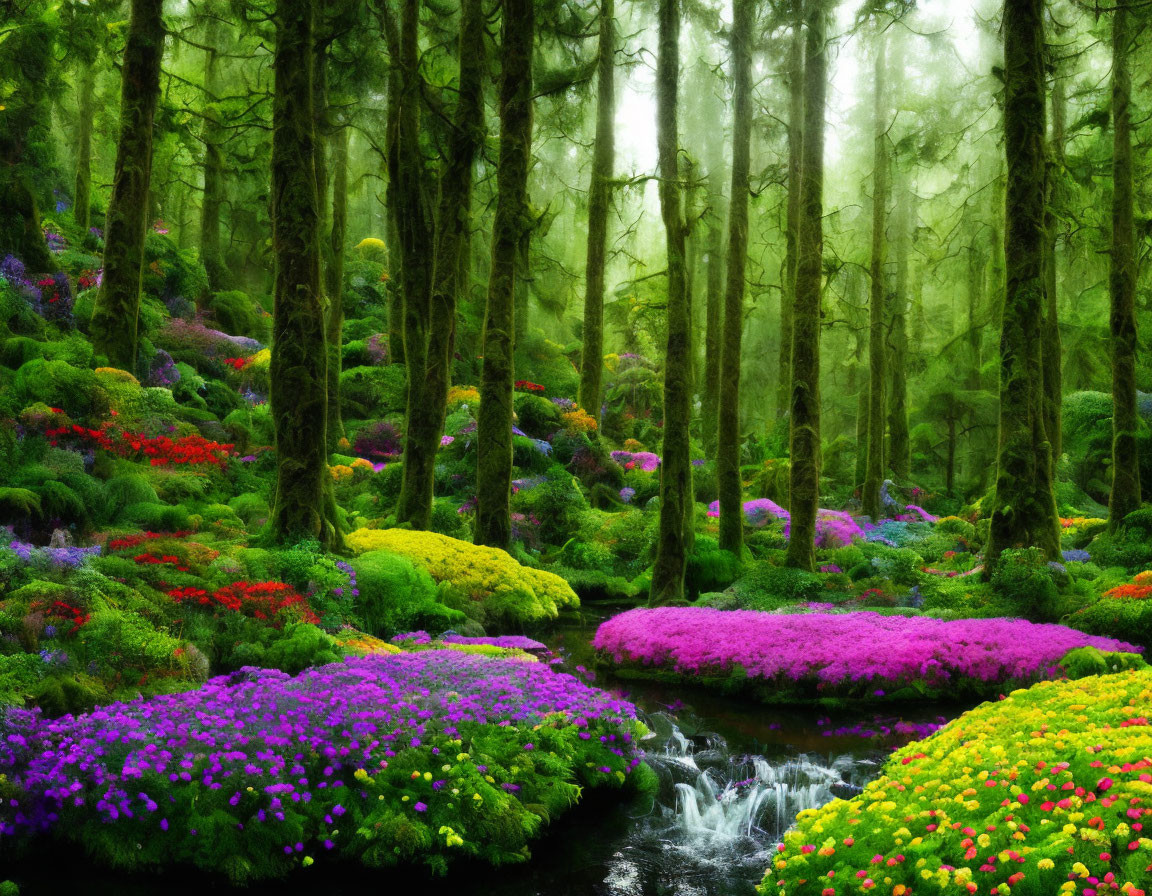 Colorful Flower Garden with Misty Stream