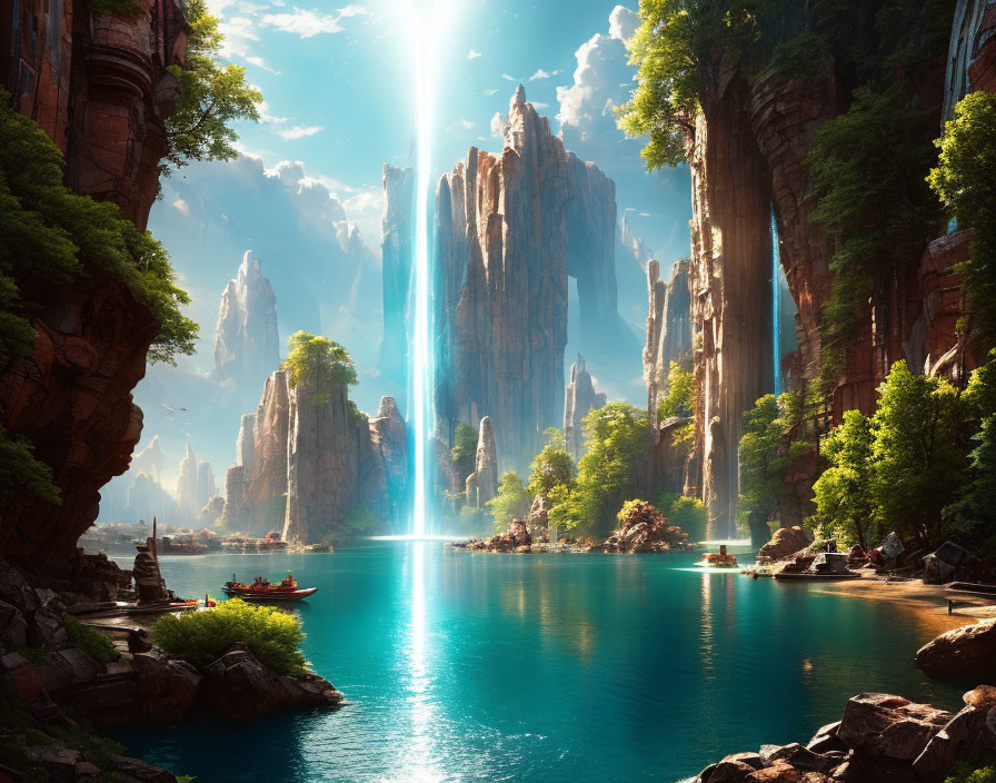 Scenic river with cliffs, waterfalls, and boat under sunlight