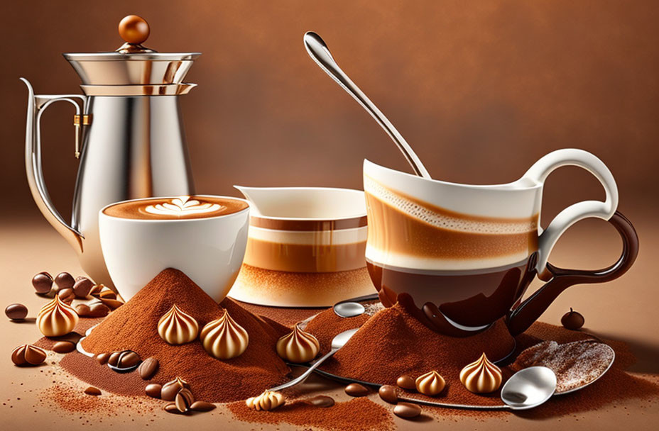 Assorted coffee cups, pot, beans, chocolate on cocoa mounds on brown background