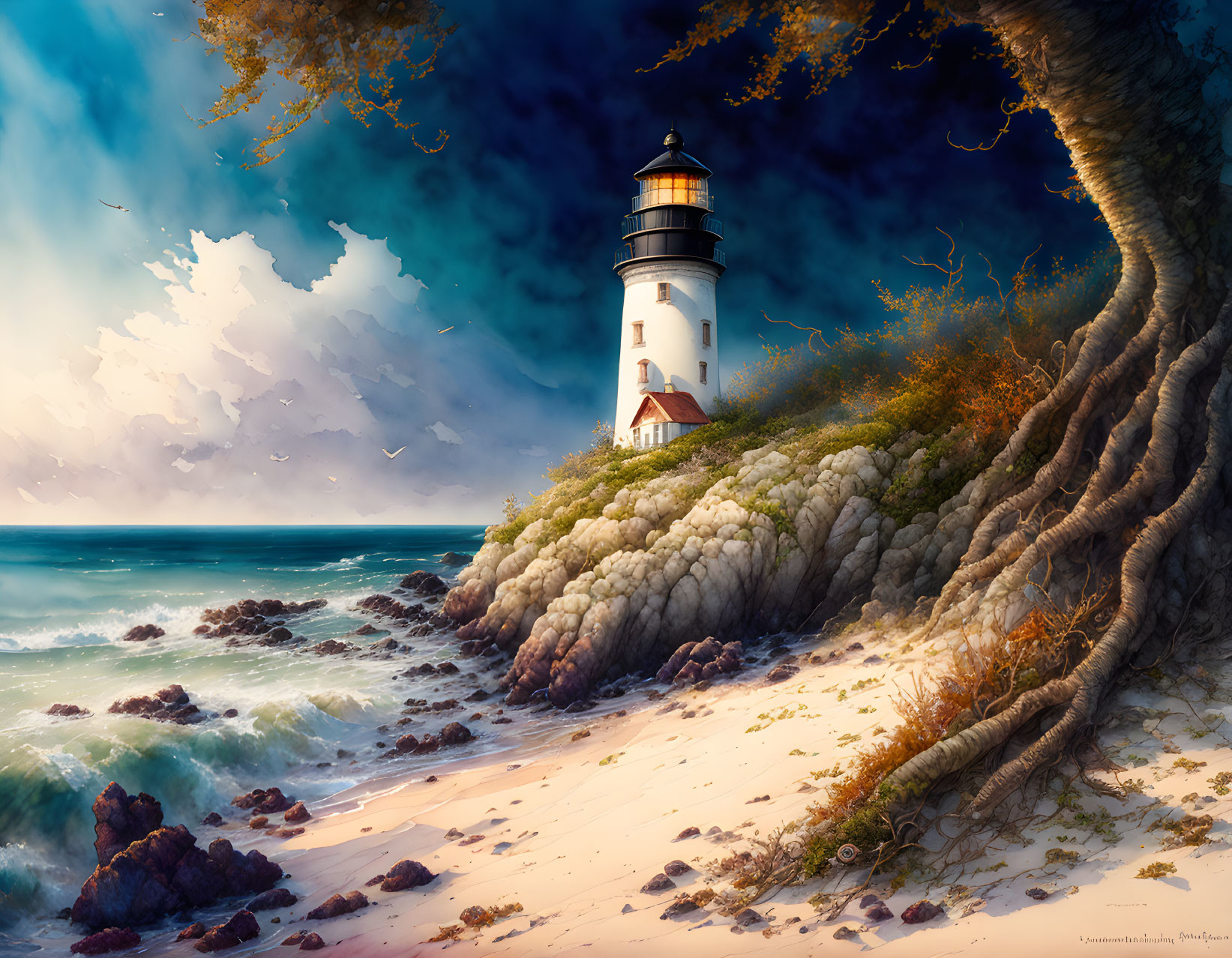 Scenic image of lighthouse on rocky shore with crashing waves, sandy beach, and tree with spreading