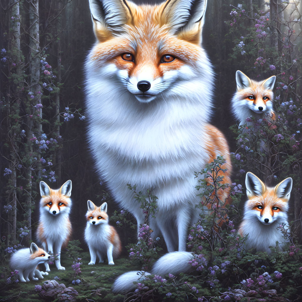 Five foxes in purple flower field with dominant fox upfront