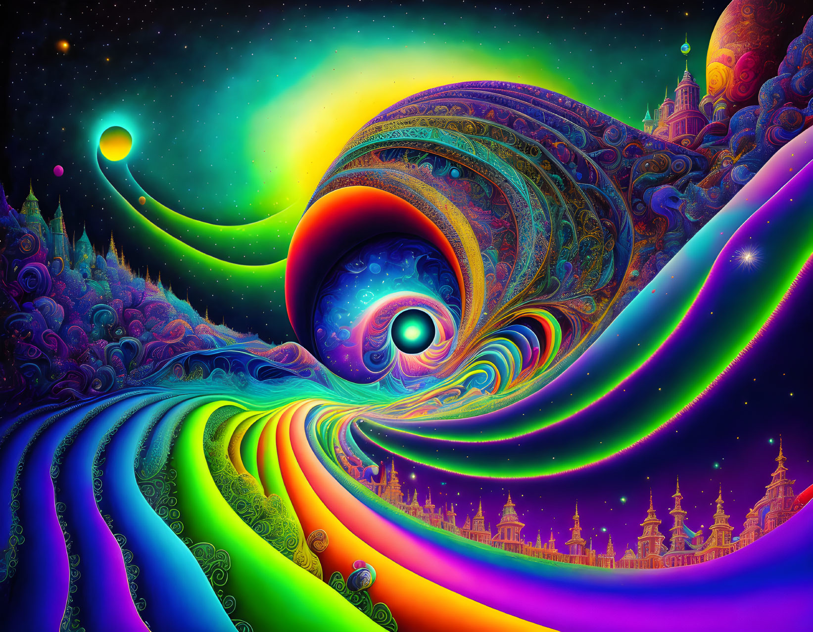 Colorful psychedelic art with swirling patterns and cosmic backdrop.