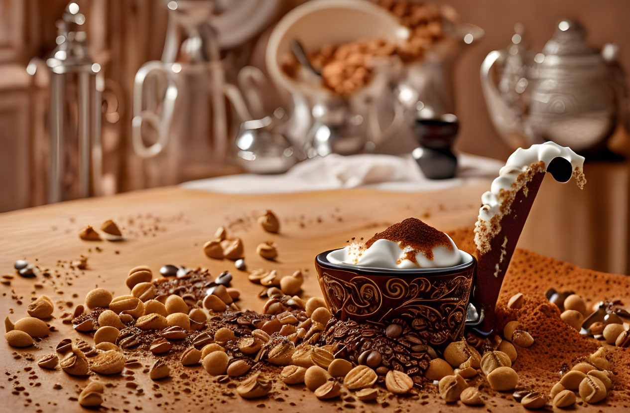 Luxurious Coffee-Themed Still Life with Cappuccino Cup, Coffee Beans, Biscuits