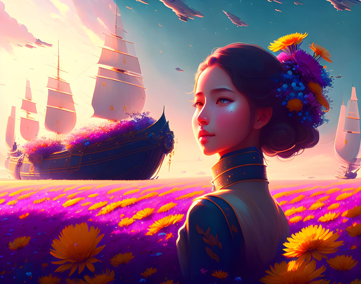 Woman in flower field with ships in sky