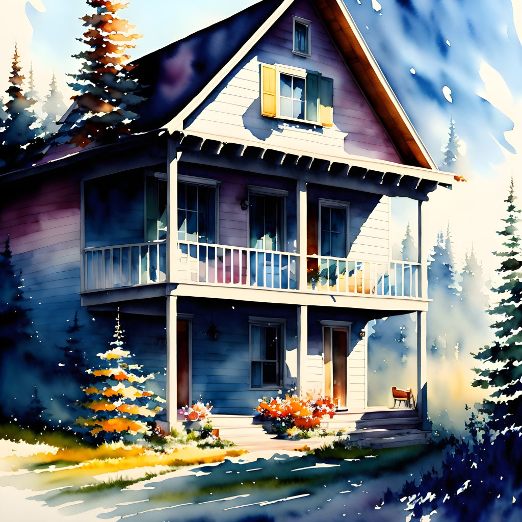 Vibrant watercolor of two-story house in scenic countryside