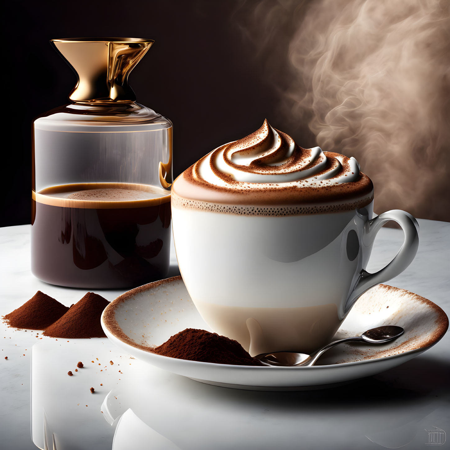 Steaming cappuccino with whipped cream, cocoa spoon, coffee beans, and jar on dark