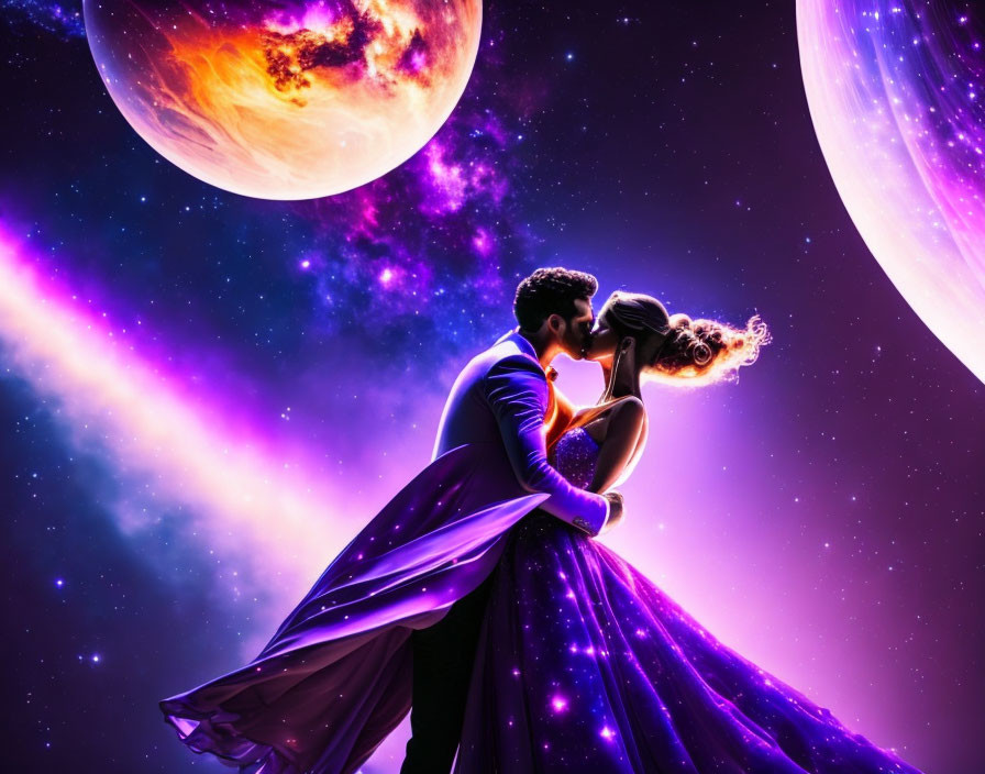 Romantic couple kissing in formal attire against cosmic backdrop