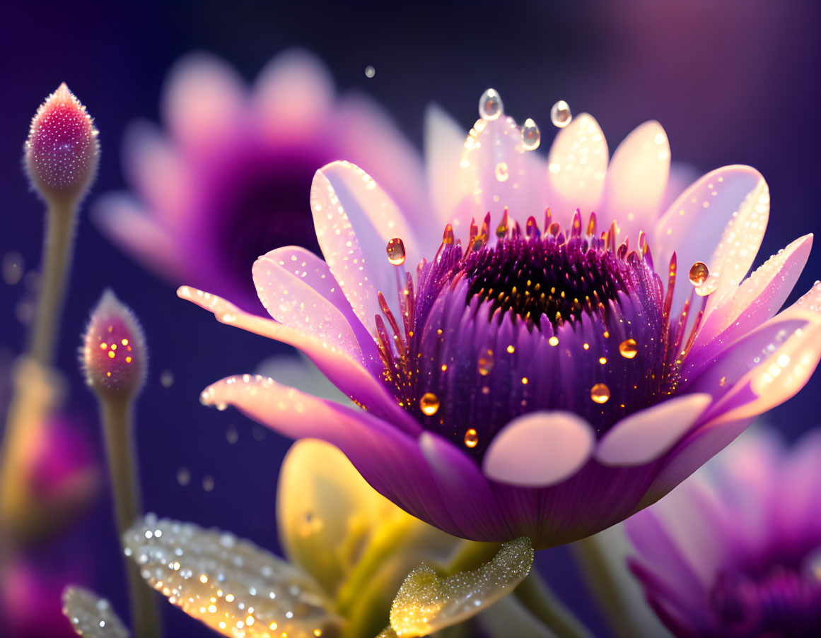 Purple flower with water droplets on petals against soft bokeh background.