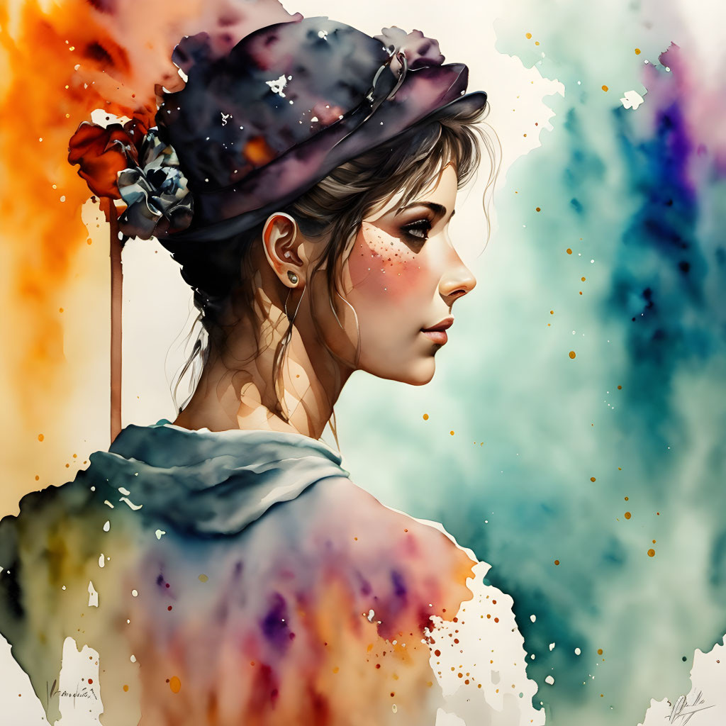 Vibrant watercolor portrait of a woman with side glance and splashes.