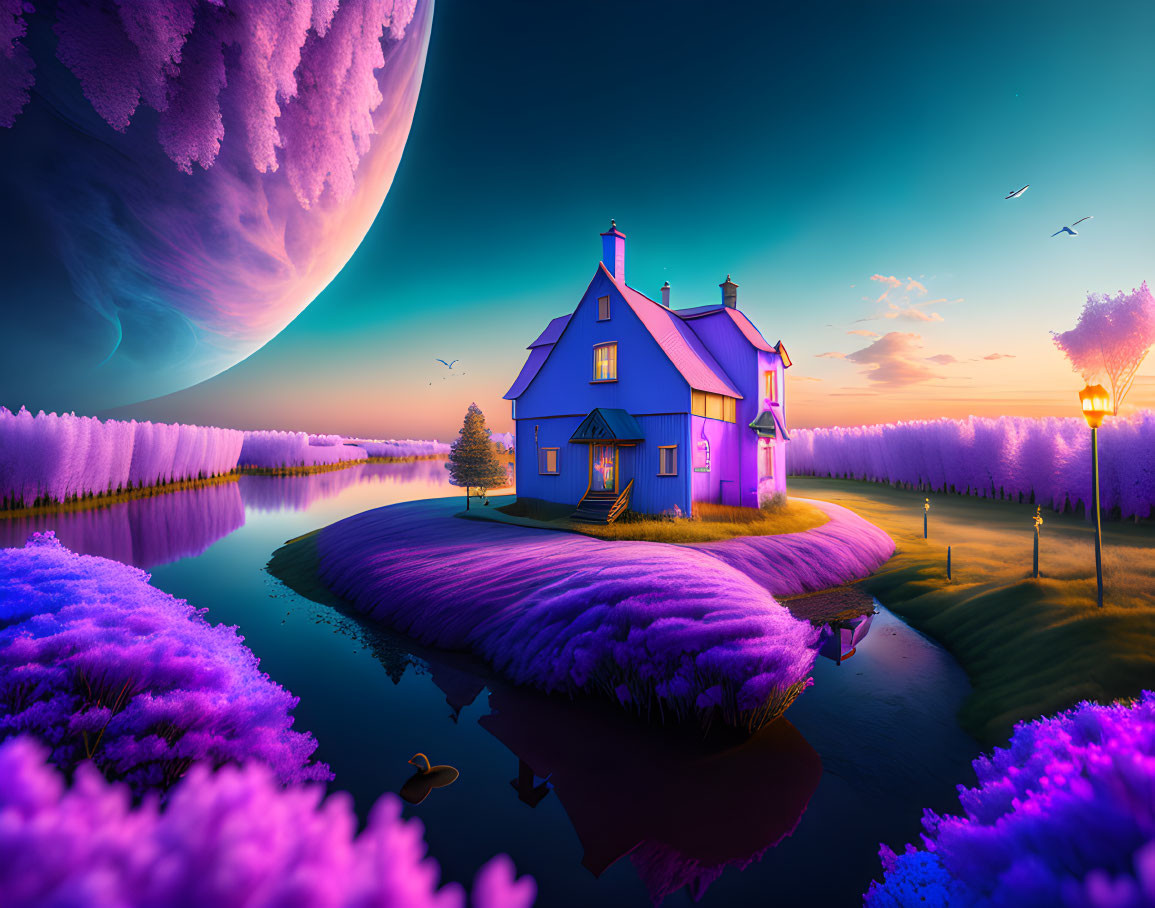 Vibrant Purple and Blue Fantastical Landscape with Quaint House, Giant Moon, and Ser