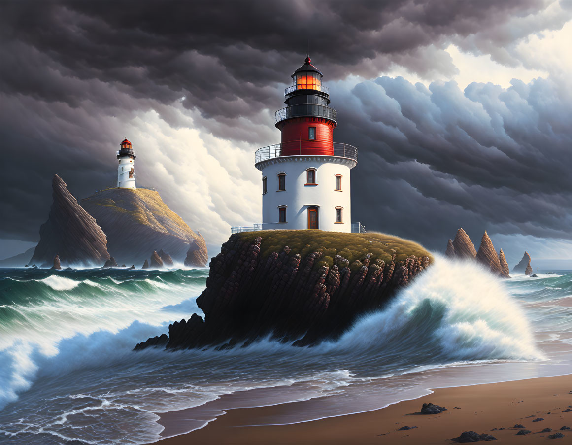 Pair of lighthouses on rocky shores in stormy weather