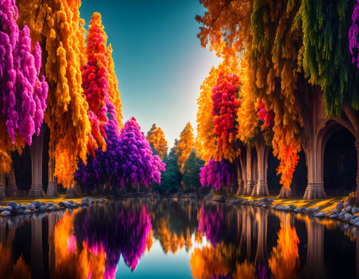 Vibrantly colored trees by a calm lake with arch bridge