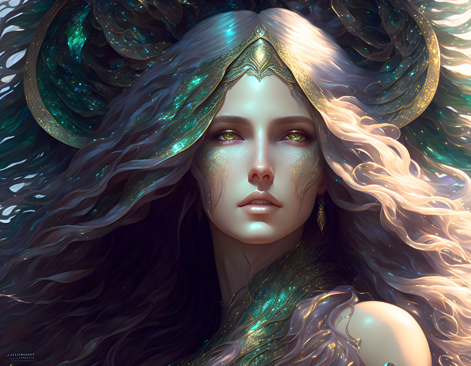 Fantasy illustration of woman with long hair, shimmering skin, and crown in magical setting