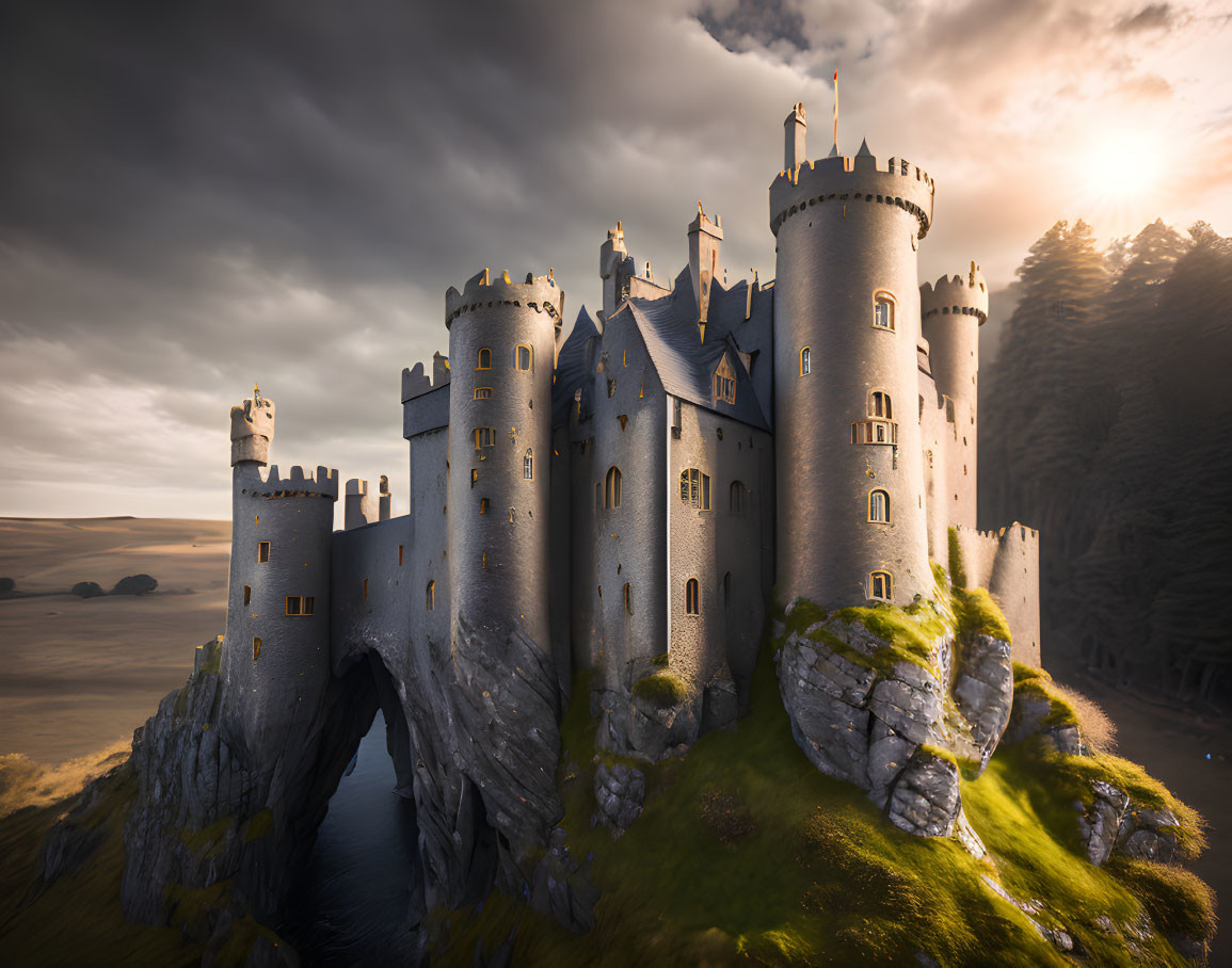 Medieval castle on rugged cliff at sunset with dramatic sky