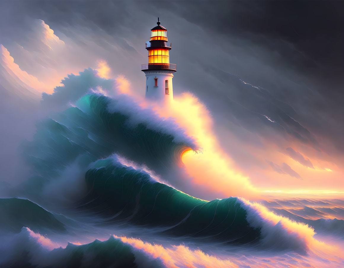 Lighthouse on giant wave under stormy sky with warm light glow