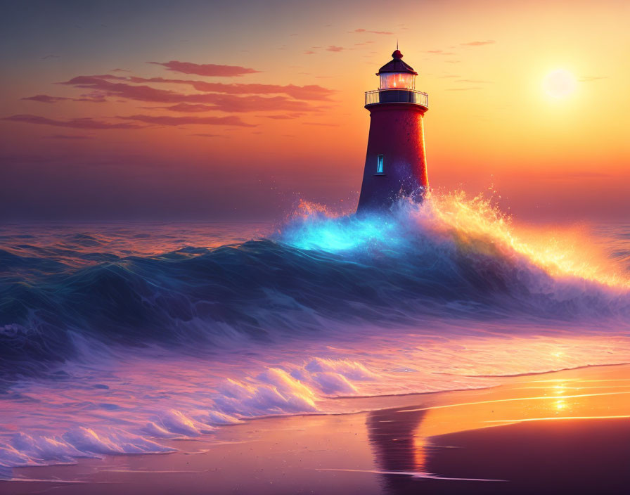 Lighthouse in vibrant sunset with crashing waves and bioluminescent glow