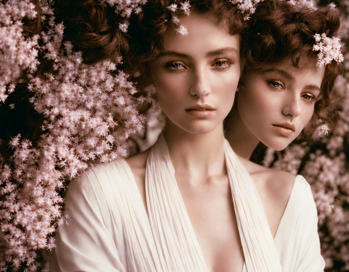 Portrait of Woman with Curly Hair and Flowers in White Garment among Pink Blossoms