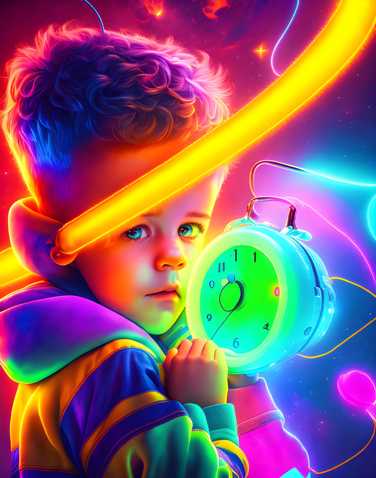 Colorful Toddler Holding Alarm Clock in Cosmic Scene